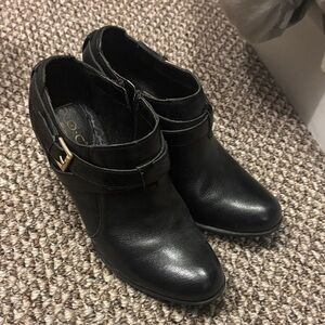 b.o.c. Black Leather Ankle Boots with Gold Buckle